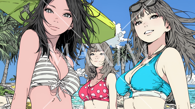 ビーチリゾートを満喫する若い女友達たち