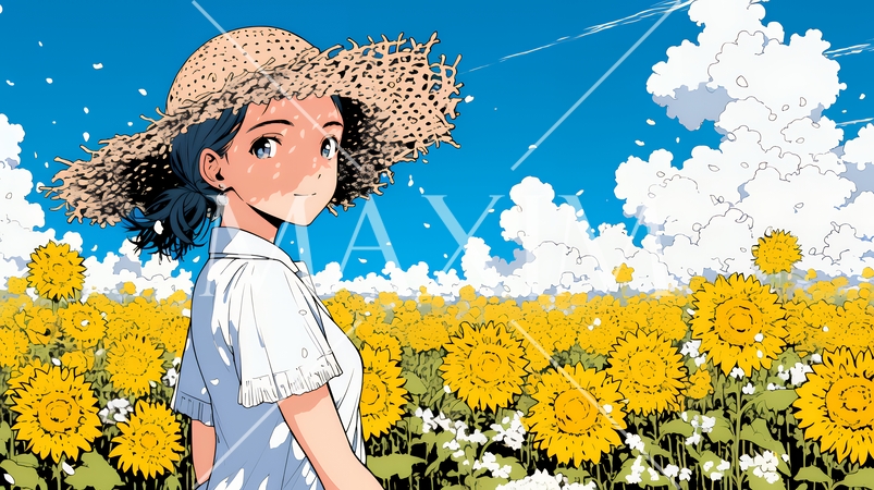 真夏の青空のもと、ヒマワリ畑を散策している若い女性