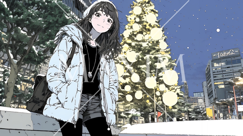 クリスマスイルミネーションが美しい街を散策する若い女性