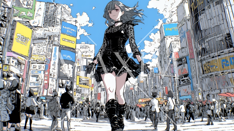 ゴシックロリータファッションで東京の町を歩く若い女性