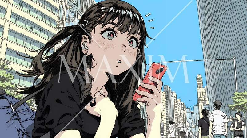 スマホの画面を見て驚いている若い女性