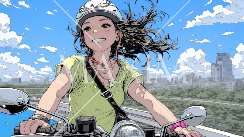 バイクに乗っている若い女性