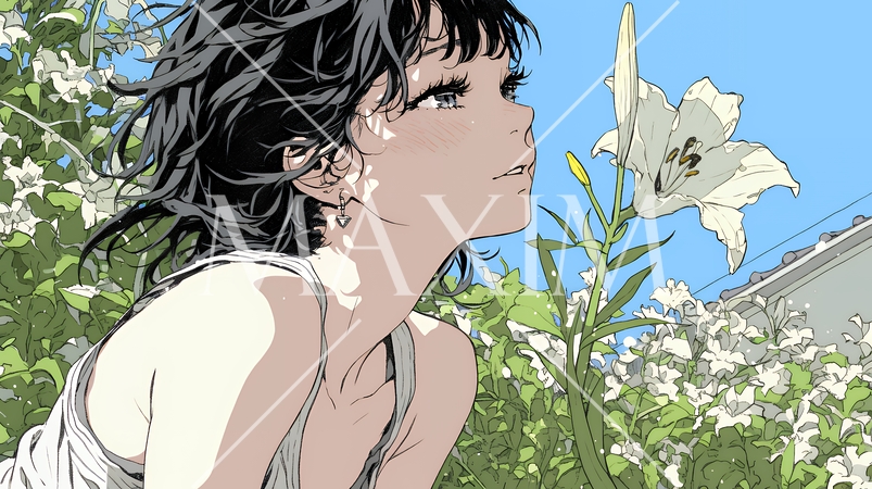 ユリの花と若い女性