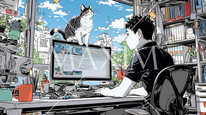 自宅でのリモートワークの場面：ペットのネコと奮闘中