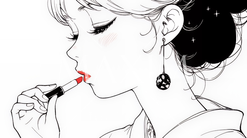 化粧をしている（口紅をつけている）若い女性（シンプルな色使い）