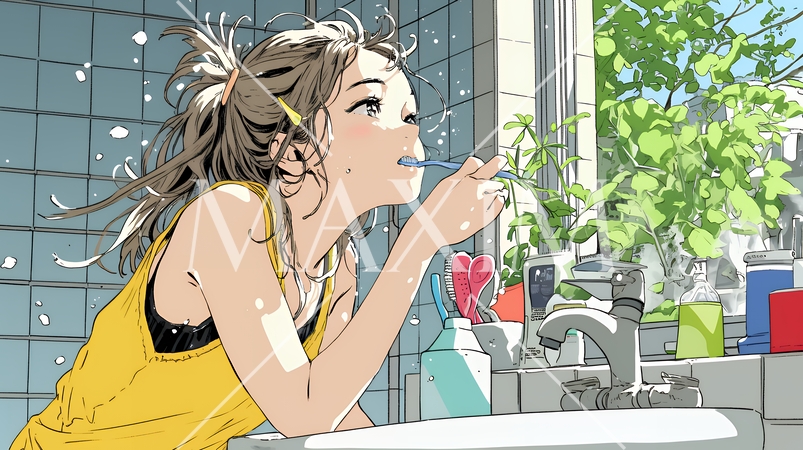 洗面所で朝の歯磨きをする若い女性