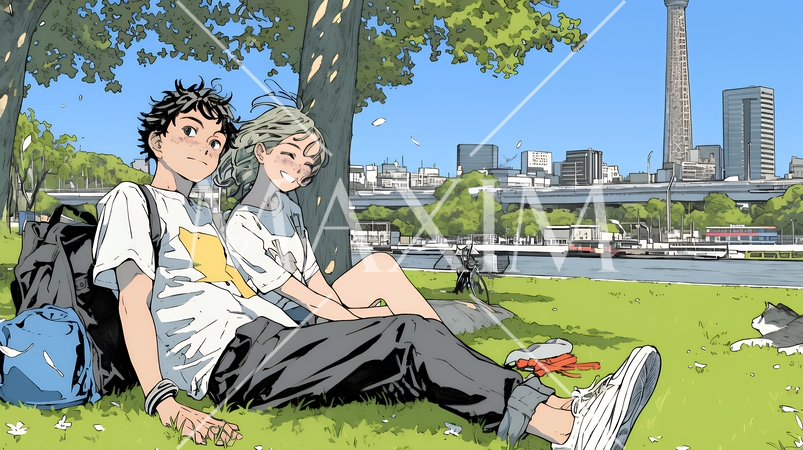 新緑の芝生が広がる都会の公園でくつろぐ若い男女