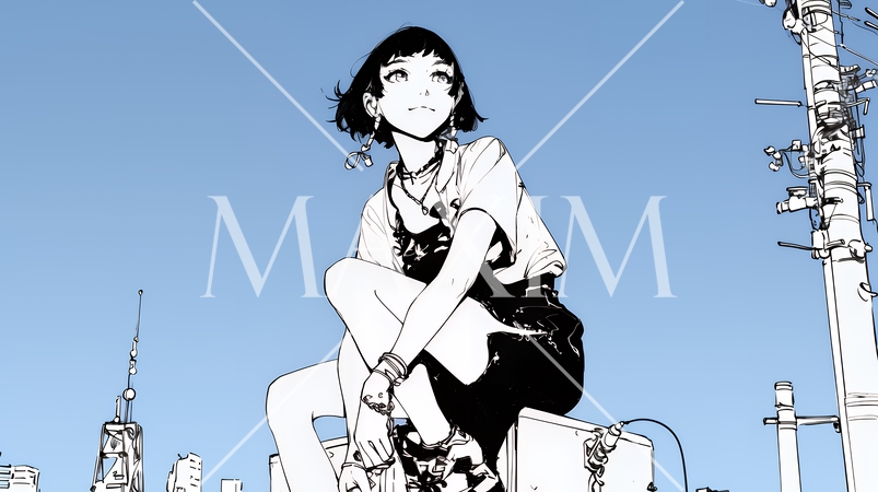 若い女性が佇む都市の街角（シンプルな色使い）