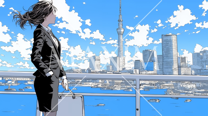 自信満々に晴天の都会の街を歩いているビジネスウーマン