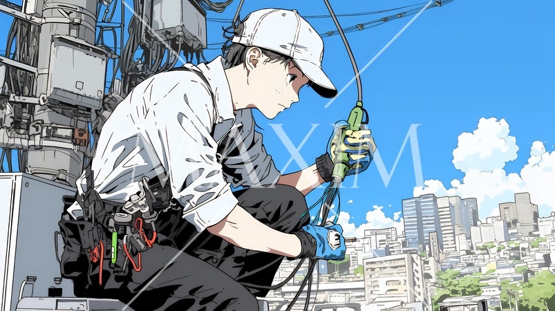 配線工事をしている男性作業員