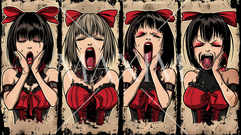 叫び：コルセットをまとった女性たちが口を大きく開けて叫んでいる