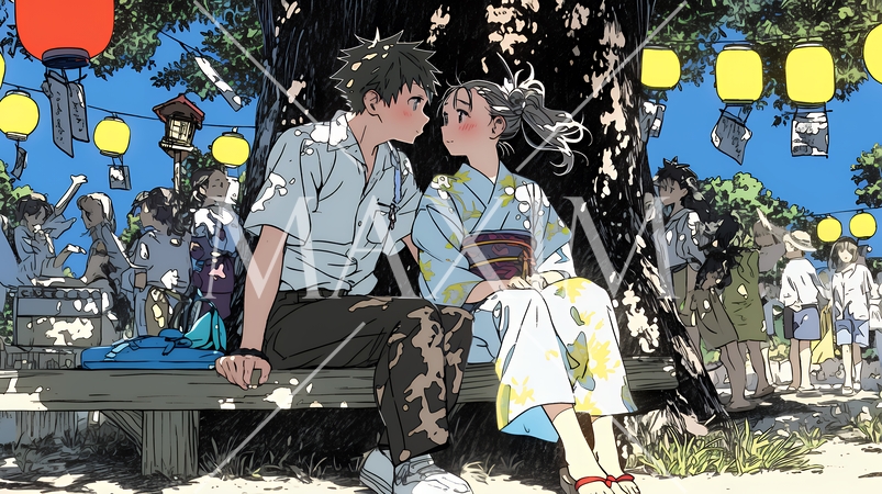 縁日屋台が立ち並び、賑わいを見せる祭りの夜