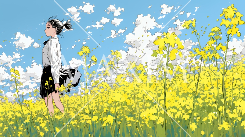 菜の花畑にいる若い女性