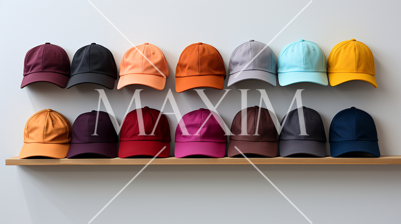 様々な色のキャップが壁に掛かっている背景画