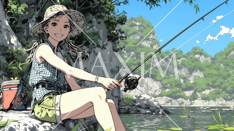 岸から魚釣りを楽しむ若い女性｜渓流・自然・アウトドア・ライフスタイル