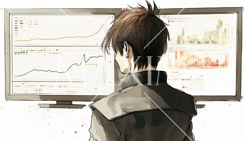 モニターに表示された株価チャートと注文画面を見つめる男性トレーダーの後ろ姿。