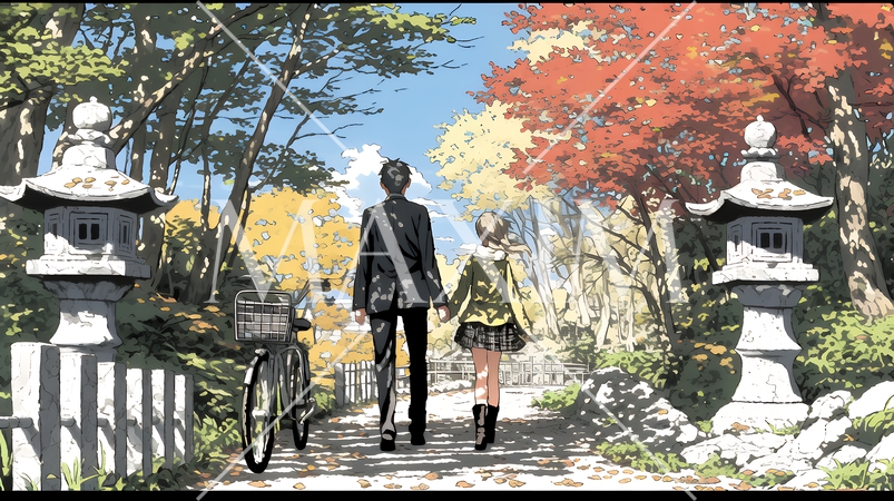 紅葉の小径を歩く若いカップル