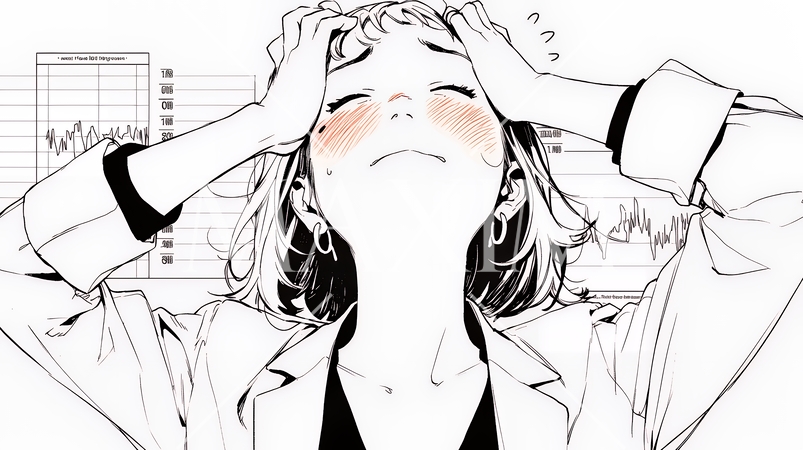 金融市場の急激な変動で頭を抱えている女性（シンプルな色使い）