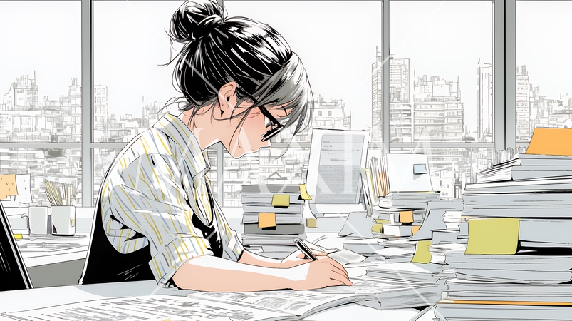 オフィスのデスクで、入念に書類をチェックする女性