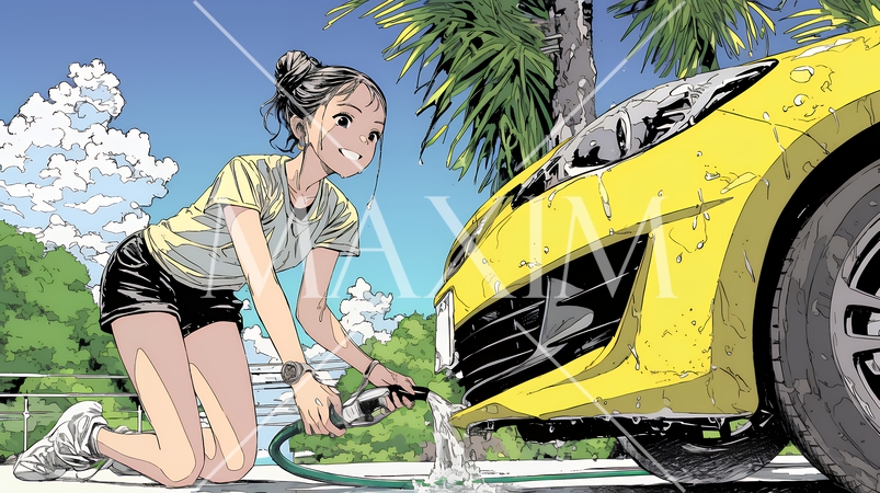 晴れた日に洗車をする若い女性｜青空と水しぶきの爽やかなライフスタイルシーン