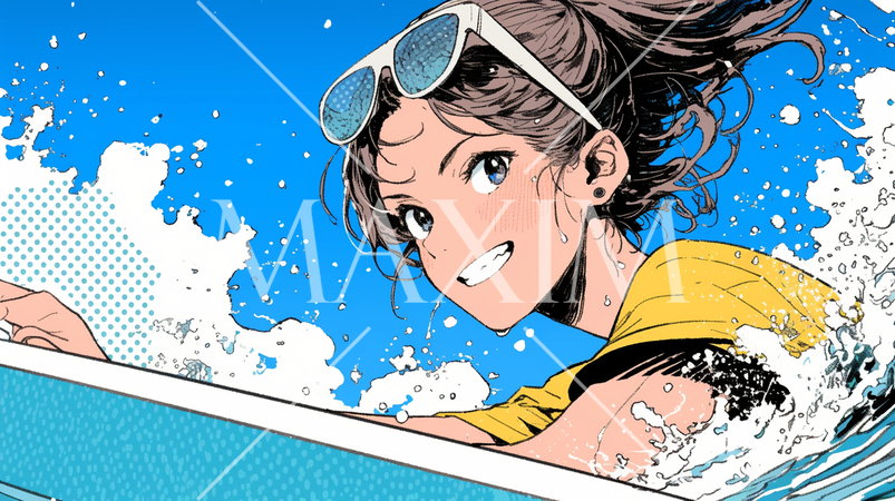 ライフセーバーもしくは南国の海で晴れた日にサーフィンをしている若い女性