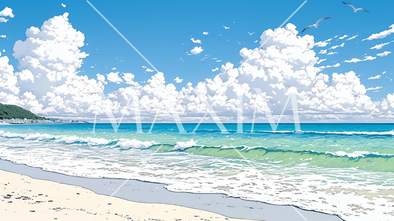 夏の海と空と白い浜辺