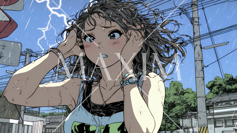 雷にひどく怯えている若い女性。