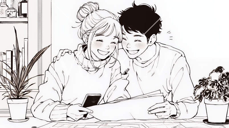 仲良く二人で旅行の計画を立てている若いカップル（シンプルな色使い）