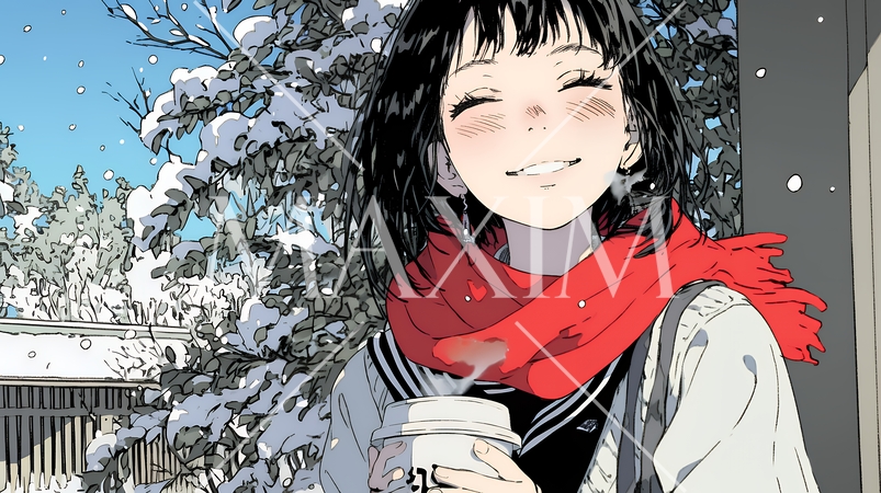 寒い冬、温かい飲み物を手にして、ふっと幸せそうに微笑む若い女性