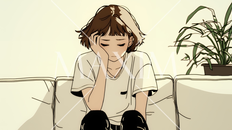 腹痛（生理痛）に苦しむ若い女性（シンプルな色使い）