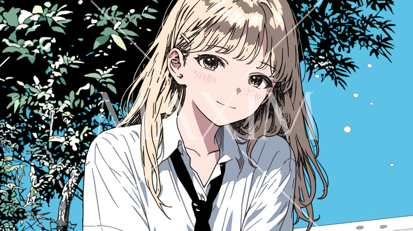 夏の昼、仕事の合間に公園で休憩中の若い女性