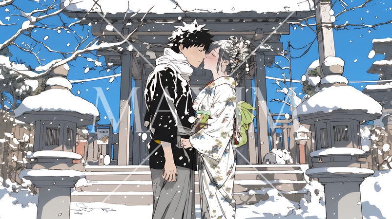 初詣をしている若い恋人カップル