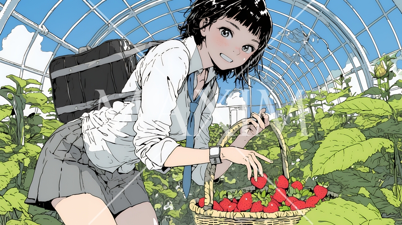 いちご狩りをしている若い女性