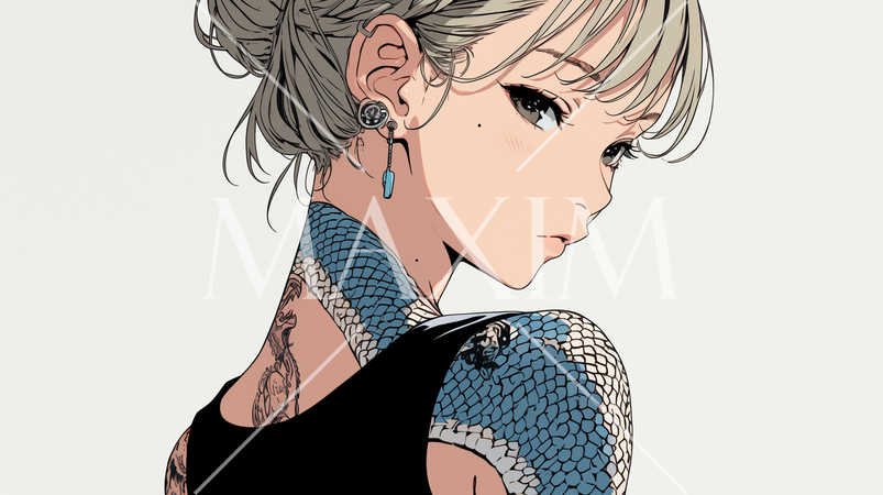 ヘビ柄の刺青を背中に入れた若い女性