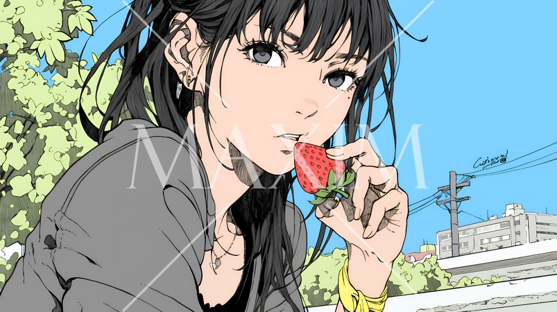 イチゴを摘んで食べている若い女性