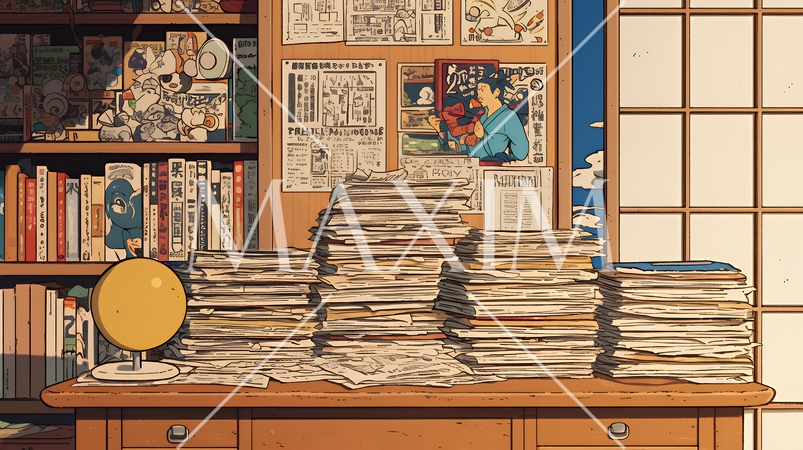 資料が山積みの机