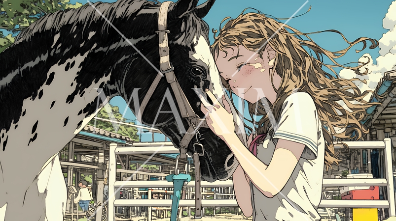 馬の世話をしている若い女性