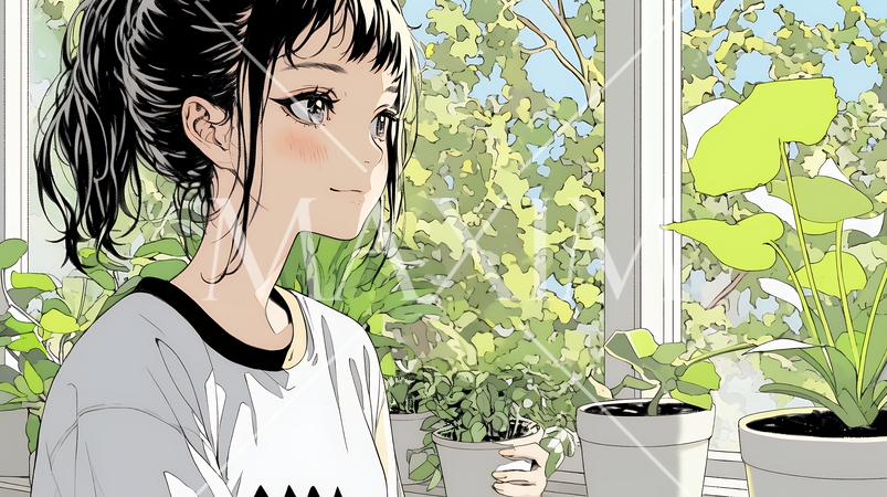観葉植物の世話をする若い女性