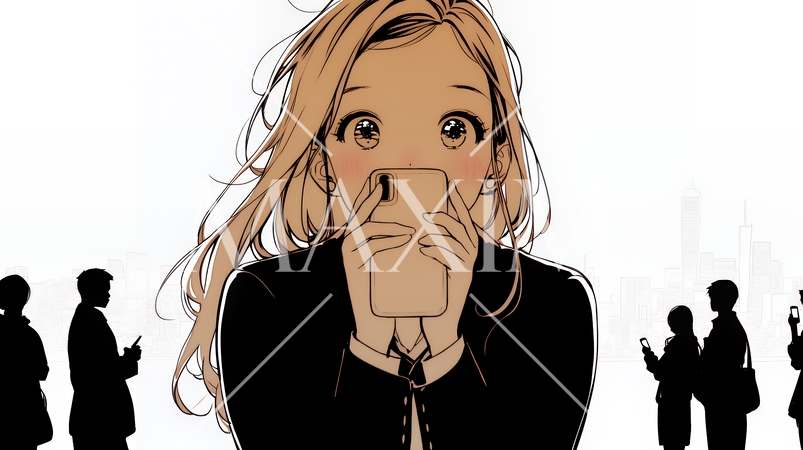 スマホの画面を見て驚いている若い女性（シンプルな色使い）