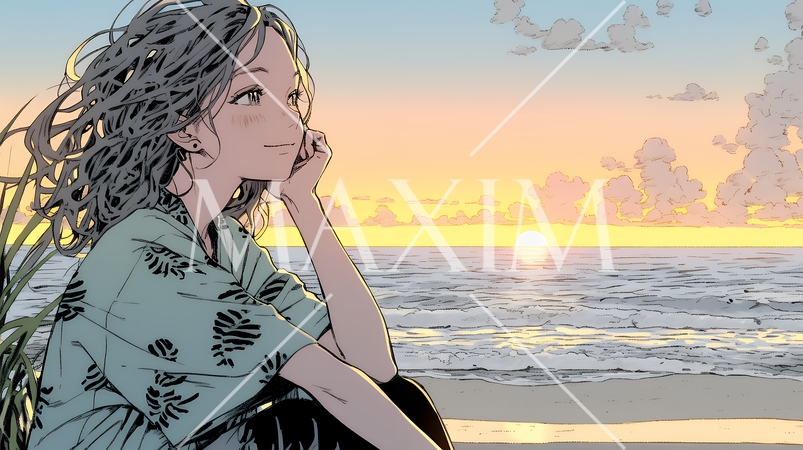 のんびり・ゆったり：夏のビーチで夕日を眺める若い女性