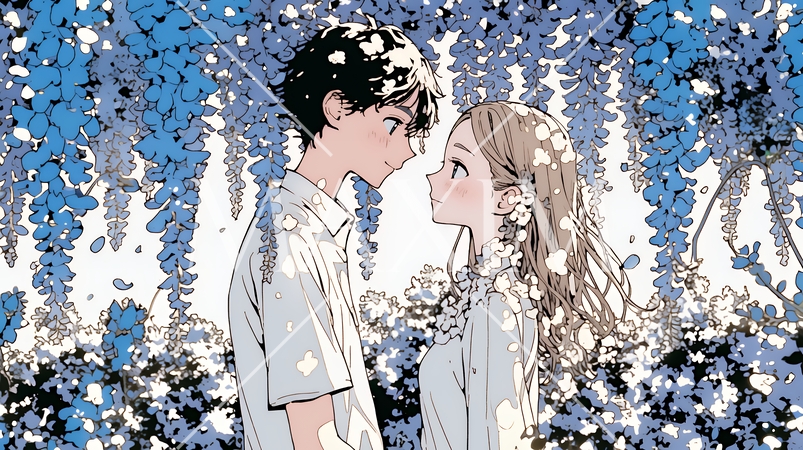 満開の藤の木の下でデートをしている若いカップル