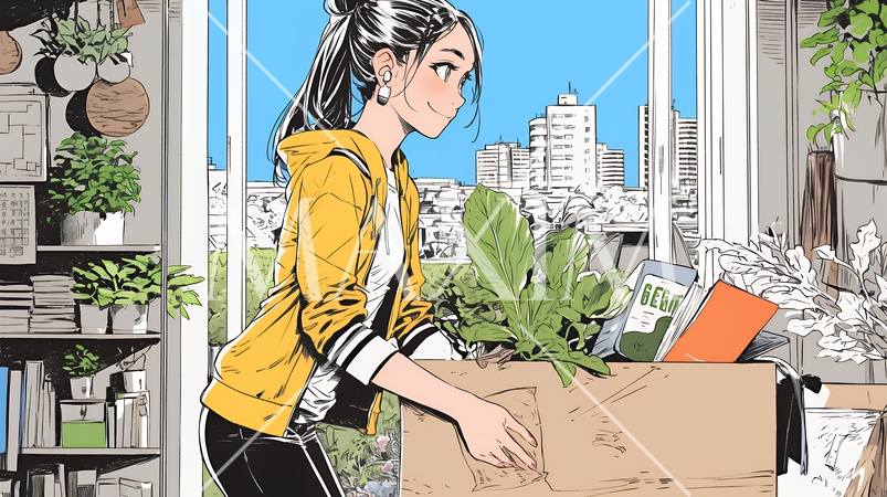 引っ越しの荷造り・荷解きをしている若い女性