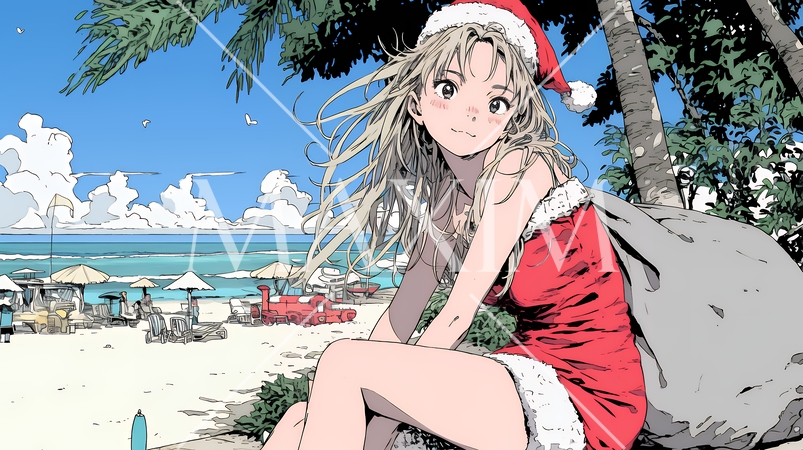 真夏（南半球）のビーチで活動中の女性のサンタクロース