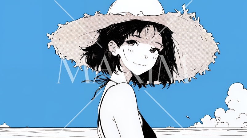 一人旅の若い女性と夏のビーチの風景（シンプルな色使い）