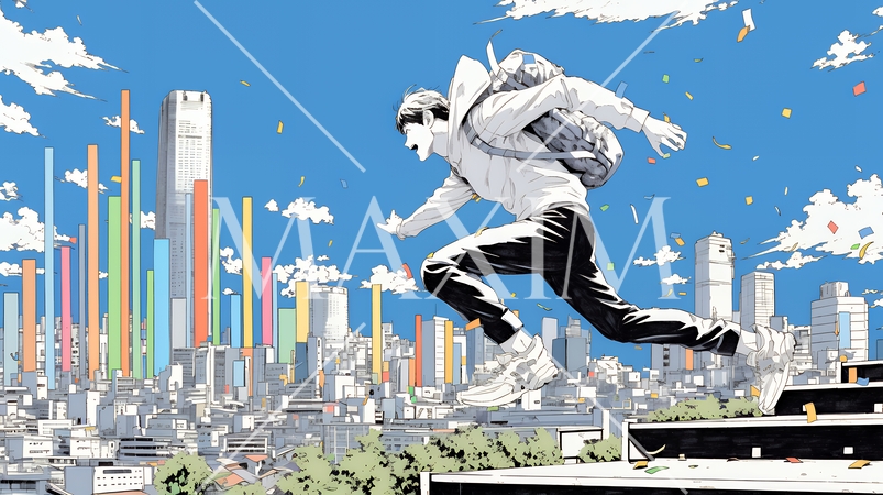 棒グラフの都会の町並みを駆け抜けるビジネスパーソン