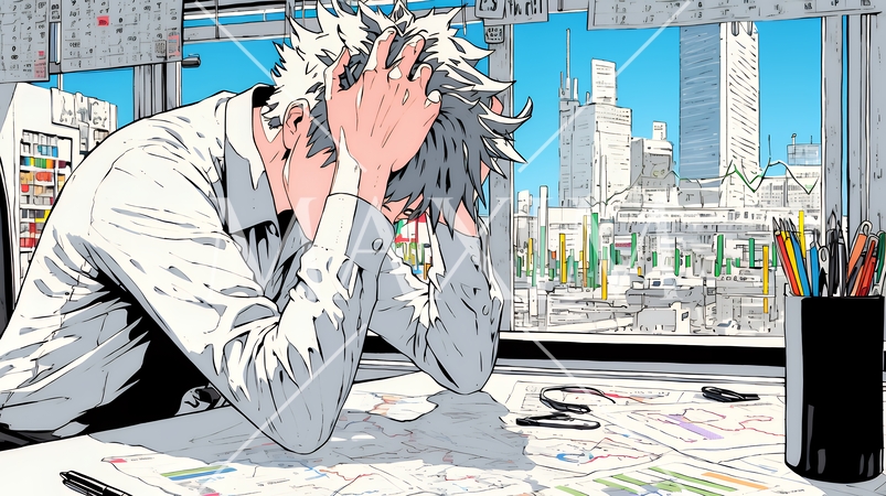 金融市場の急激な変イラスト、151a-azp、ビジネス、金融市場、男性、ビジネ動で頭を抱えている男性