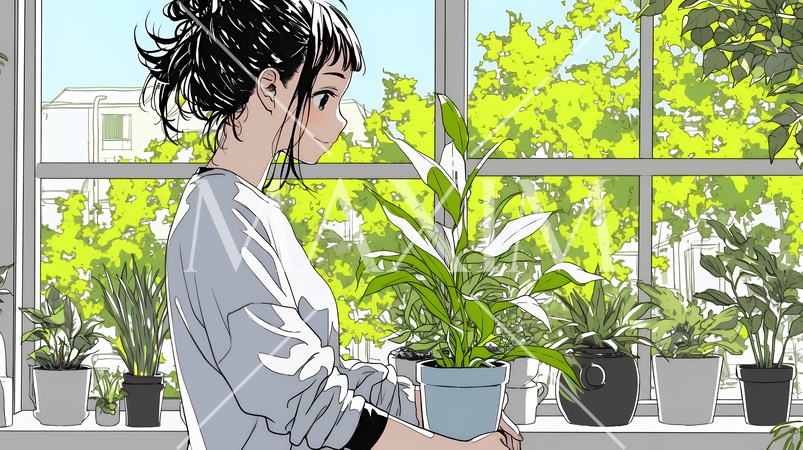 観葉植物の世話をする若い女性