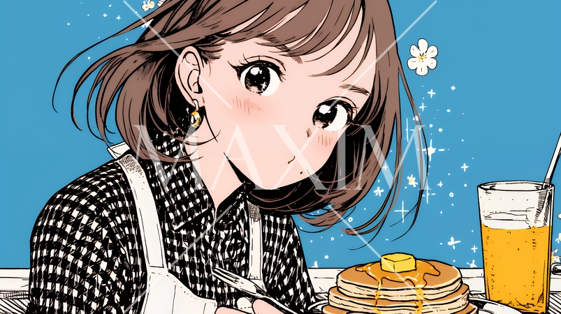 早朝のダイナー（喫茶店）でパンケーキ（モーニングセット）を食べる若い女性