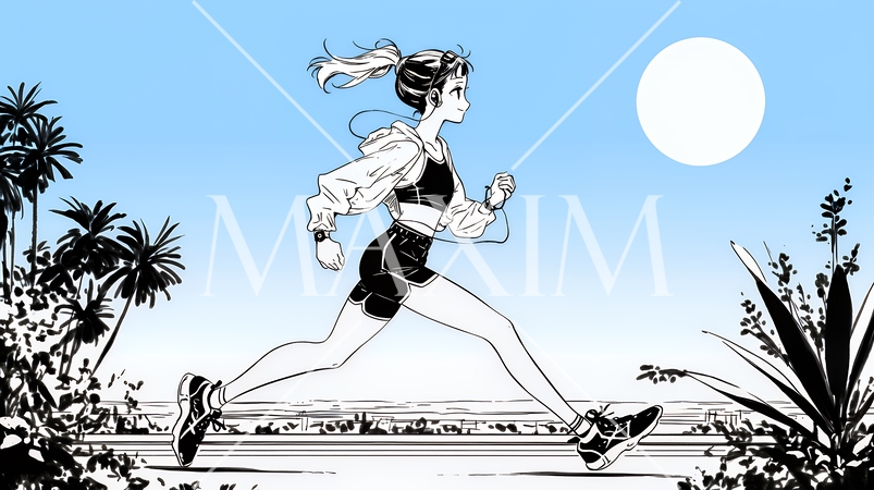 夕日を背景にジョギングをする若い女性（シンプルな色使い）