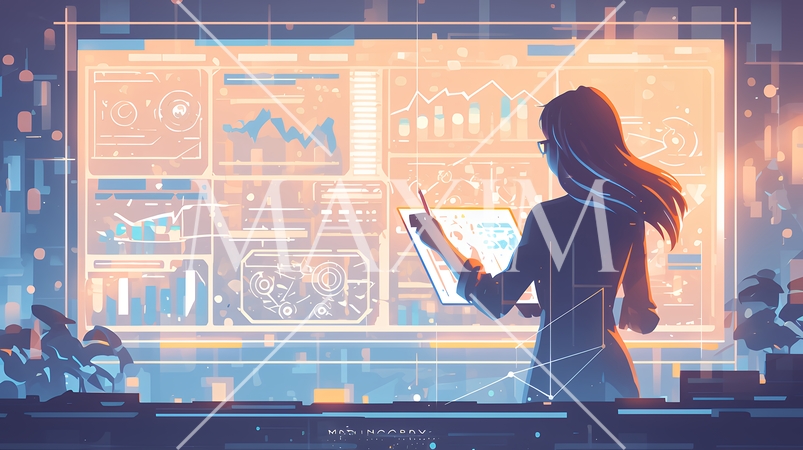 マーケティング・トレーディングデータなどの計量分析を行っている女性（シンプルな色使い）